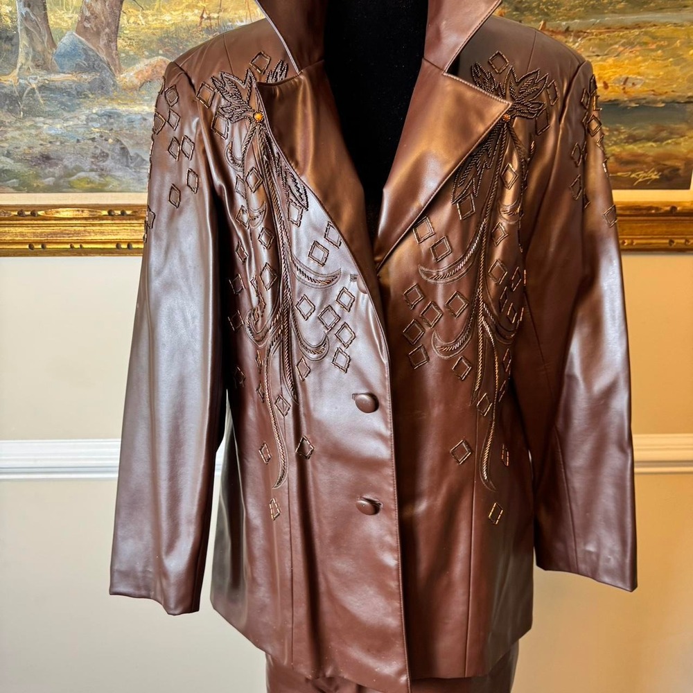 Vintage Brown Faux Leather Beaded Skirt Suit Set Size 18 - Picture 7 of 7
